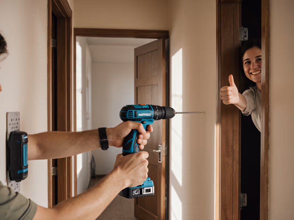 apartment_dweller_drilling_quietly_with_neighbor_smiling_through_doorway