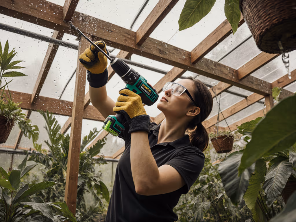 woman_using_cordless_drill_inside_greenhouse